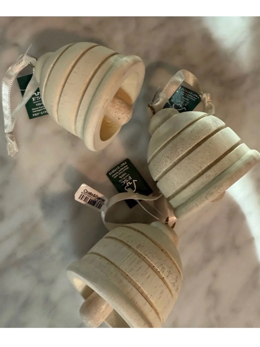 Crate&Barrel White Wood Jingle Bell Christmas Tree Ornaments - 5 available!